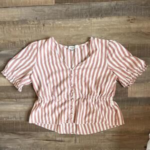 Madewell Pink White Striped Cotton Button Front Puff Sleeve Blouse M